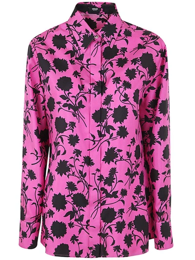 Shop Versace Informal Shirt Floral Silhouette Print Twill Silk Fabric 50%. Clothing In Pink &amp; Purple