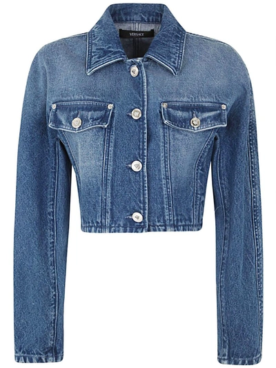 Shop Versace Stone Wash Denim Jacket Fabric With Special Compund Clothing In Blue