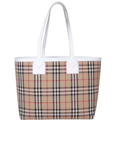 Shop Burberry Vintage Check Pattern Cotton/leather Blend Tote Bag In Neutrals