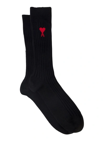 Shop Ami Alexandre Mattiussi Three-pack Of Black Socks With Contrasting Logo In Cotton Blend Man