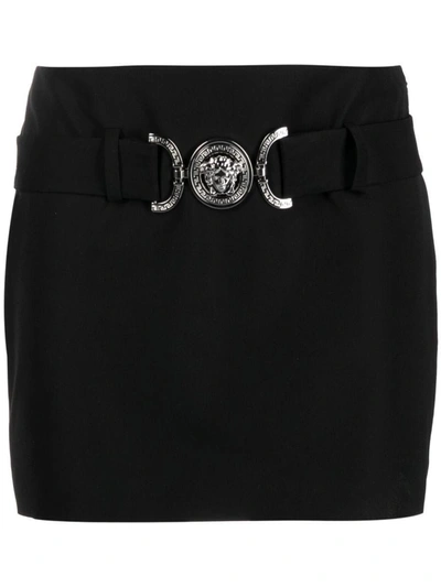 Shop Versace Belted Wool Mini Skirt In Black