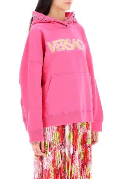 Shop Versace Hoodie With Studs In Fuchsia
