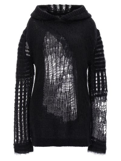Shop Rick Owens Spider Distressed Knitted Hoodie In Black