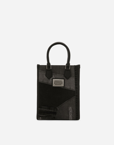 Shop Dolce & Gabbana Small Patchwork Denim Shopper In Black