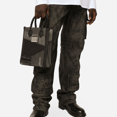 Dolce & Gabbana Small Patchwork Denim Shopper In Black