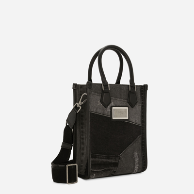 Dolce & Gabbana Small Patchwork Denim Shopper In Black