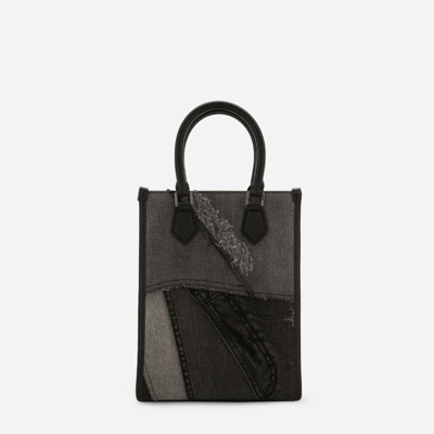 Dolce & Gabbana Small Patchwork Denim Shopper In Black