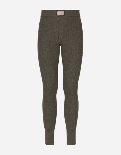 Shop Dolce & Gabbana Wool Fine-rib Leggings With Logo Tag In Grey