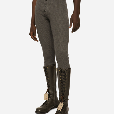 Shop Dolce & Gabbana Wool Fine-rib Leggings With Logo Tag In Grey