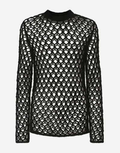 Shop Dolce & Gabbana Mohair-wool Mesh-stitch Round-neck Sweater In Black