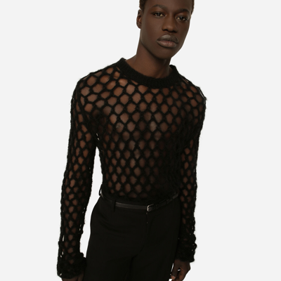Shop Dolce & Gabbana Mohair-wool Mesh-stitch Round-neck Sweater In Black