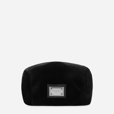 Shop Dolce & Gabbana Stretch Velvet Flat Cap With Logo Tag In Black