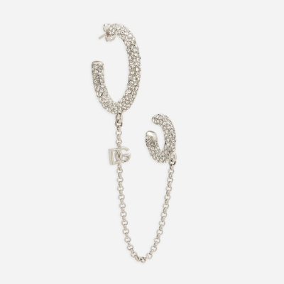 Dolce & Gabbana Single Rhinestone-detailed Creole Earring With Chain Accent In Silver