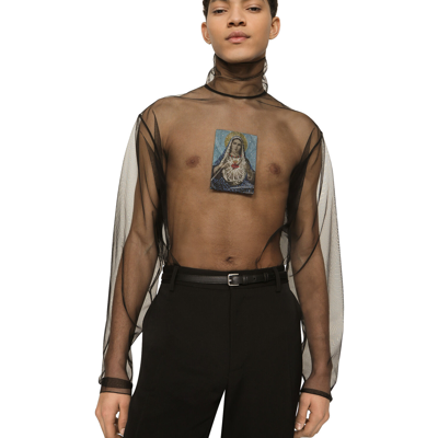Shop Dolce & Gabbana High-necked Tulle T-shirt With Patch In Black