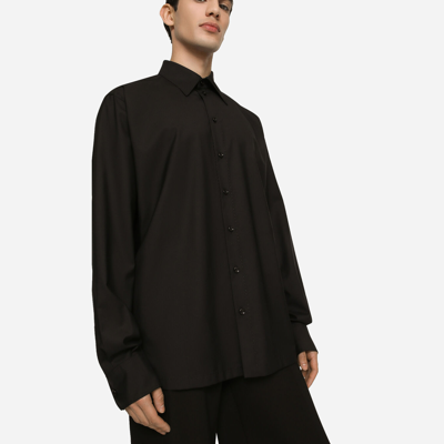 Shop Dolce & Gabbana Silk And Wool Shirt With Logo Tag In Black