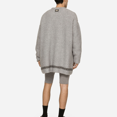 Shop Dolce & Gabbana Technical Wool Round-neck Sweater With Logo Tag In Grey