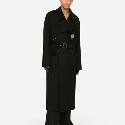 Shop Dolce & Gabbana Double-breasted Baize Trench Coat With Logo Label In Black