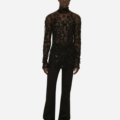 Dolce & Gabbana High-necked Tulle T-shirt With Sequined Details In Black