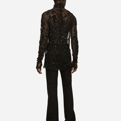 Dolce & Gabbana High-necked Tulle T-shirt With Sequined Details In Black