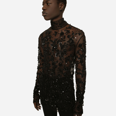Dolce & Gabbana High-necked Tulle T-shirt With Sequined Details In Black