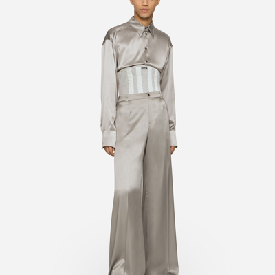 Shop Dolce & Gabbana Wide-leg Stretch Silk Pants In Grey