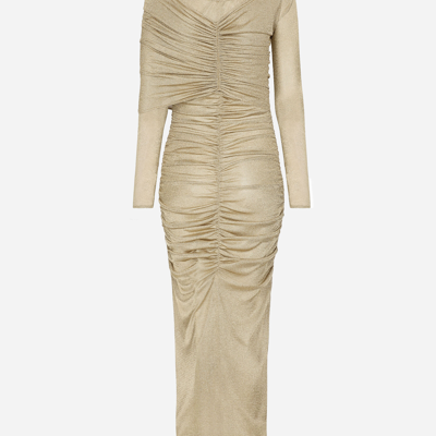 Dolce & Gabbana Draped Metallic Mesh-jersey Midi Dress In Gold