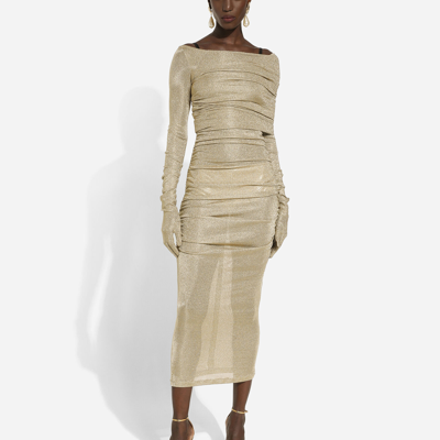 Dolce & Gabbana Draped Metallic Mesh-jersey Midi Dress In Gold