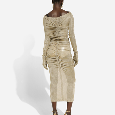 Dolce & Gabbana Draped Metallic Mesh-jersey Midi Dress In Gold