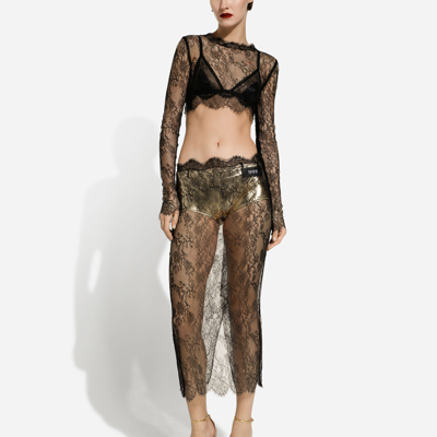 Shop Dolce & Gabbana Long-sleeved Chantilly Lace Crop Top In Black