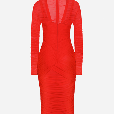 Dolce & Gabbana Draped Tulle Midi Dress In Red