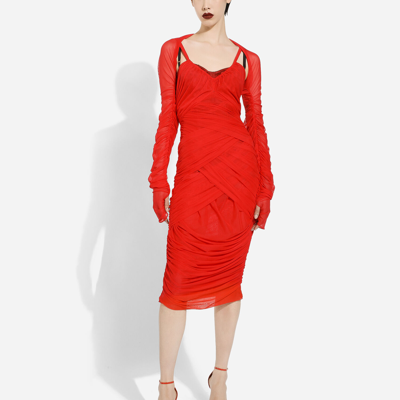 Shop Dolce & Gabbana Tulle Draped Calf-length Dress In Red
