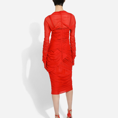 Dolce & Gabbana Draped Tulle Midi Dress In Red