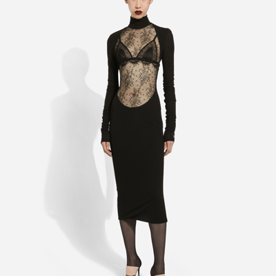 Dolce & Gabbana Jersey Calf-length Dress With Chantilly Lace Insert In Black