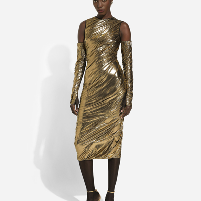 Shop Dolce & Gabbana Foiled Organzine Calf-length Dress With Gloves In Gold