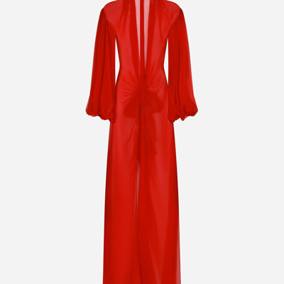 Dolce & Gabbana Long Silk Chiffon Dress With Bow Detail In Bordeaux