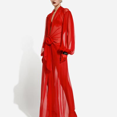 Dolce & Gabbana Long Silk Chiffon Dress With Bow Detail In Bordeaux