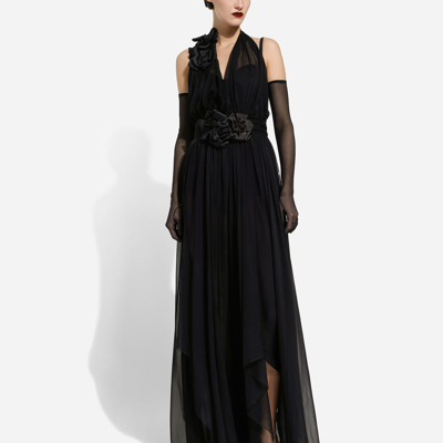 Dolce & Gabbana Long Chiffon Dress With Boning In Black