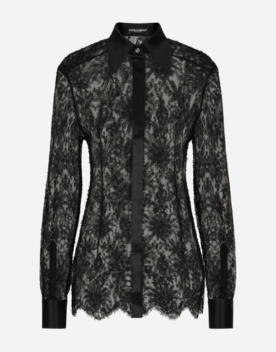 Shop Dolce & Gabbana Chantilly Lace Shirt With Satin Details In Black
