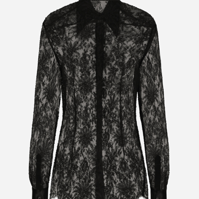 Dolce & Gabbana Chantilly Lace Satin Trim Button Down Shirt In Black