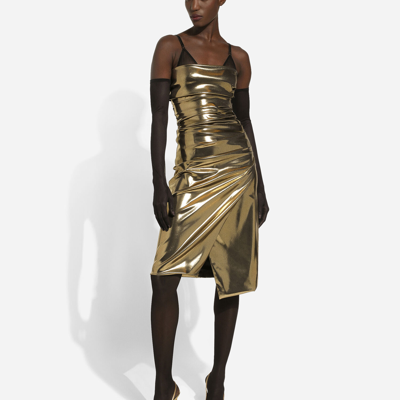 Shop Dolce & Gabbana Foiled Satin Strapless Calf-length Dress In Gold