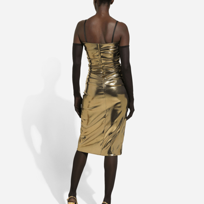 Shop Dolce & Gabbana Foiled Satin Strapless Calf-length Dress In Gold