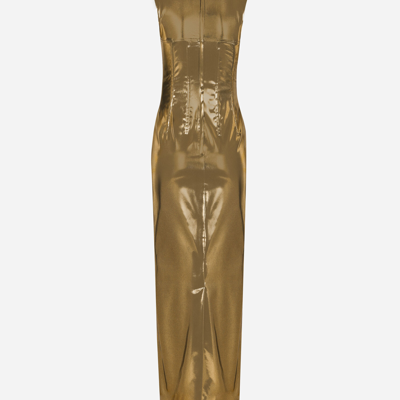 Shop Dolce & Gabbana Long Foiled Satin Corset Dress In Gold