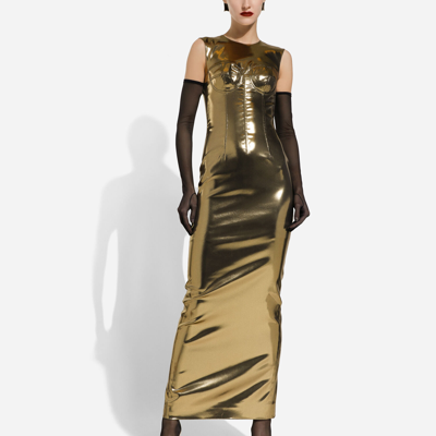 Shop Dolce & Gabbana Long Foiled Satin Corset Dress In Gold