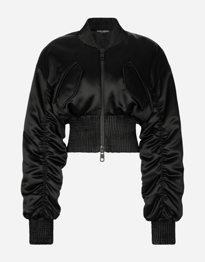Dolce & Gabbana Draped Satin Cropped Bomber Jacket In Black