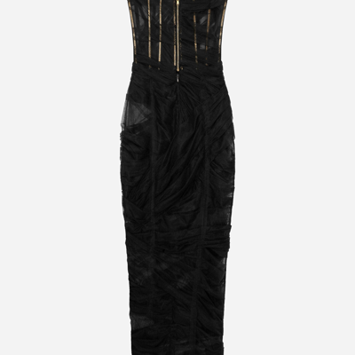 Dolce & Gabbana Tulle Calf-length Corset Dress With Draping In Black