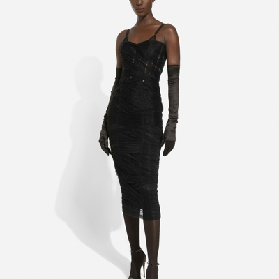 Dolce & Gabbana Tulle Calf-length Corset Dress With Draping In Black