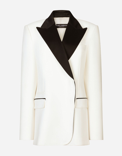 Shop Dolce & Gabbana Double-breasted Wool Crepe Jacket With Tuxedo Lapels In White