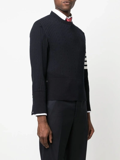 Shop Thom Browne Men 4 Bar Ribbed Knit Round Neck Pullover In 415 Navy