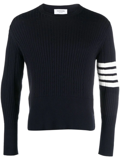 Shop Thom Browne Men 4 Bar Ribbed Knit Round Neck Pullover In 415 Navy
