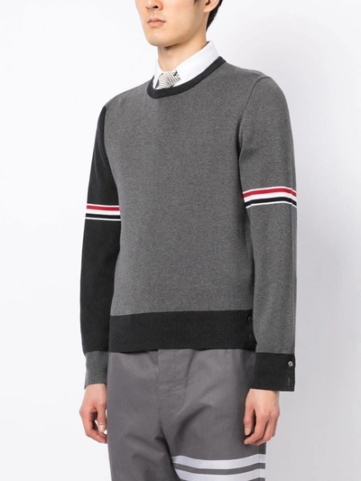 Shop Thom Browne Men Fun Mix Striped Arm Crewneck Paneled Sweater In 982 Tonal Grey